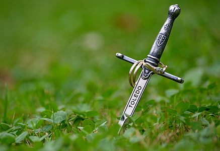silver-colored sword on green grass thumbnail
