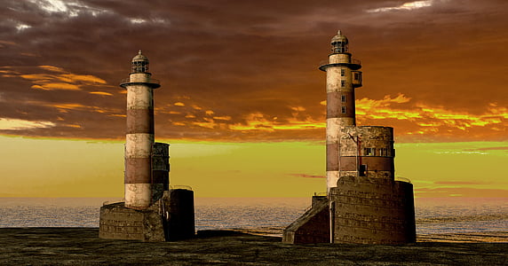 two brown and white lighthouse beside body of water at golden hour thumbnail