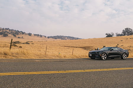 black coupe on road near brown grass field thumbnail