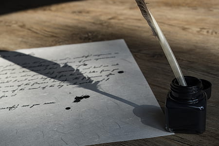 feather in ink bottle beside gray printer paper thumbnail