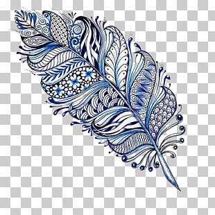 Mandala Drawing Feather Tattoo Mehndi, Feather designs, white and blue feather illustration PNG clipart
