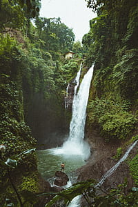 person standing on large rock facing on waterfalls at daytime thumbnail