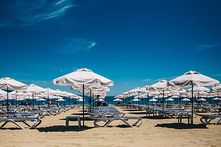Umbrellas and lounge chairs on Sunny Beach, Bulgaria thumbnail