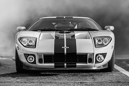 black and white photography of white Ford GT thumbnail