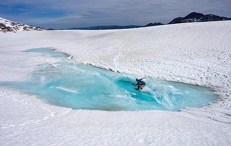 snowboarder skiing on frozen body of water thumbnail
