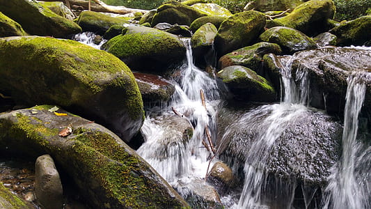 photography of water falls with stone with moss thumbnail
