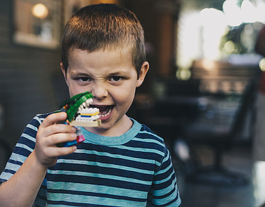 shallow focus photography of a boy holding a mouthpiece toy thumbnail