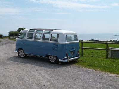 white and blue Volkswagen combi thumbnail