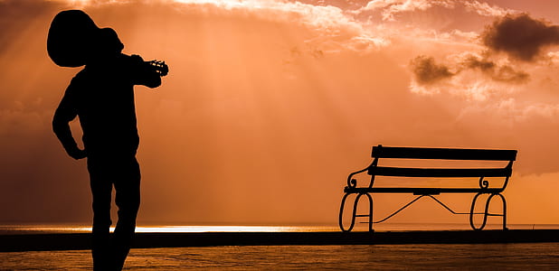 silhouette of person carrying guitar walking towards bench thumbnail