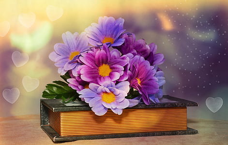 purple-and-yellow flower arrangement on top of book selective focus photography thumbnail