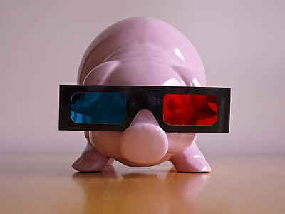 pink ceramic coin bank wearing blue, red, and black 3D glasses thumbnail