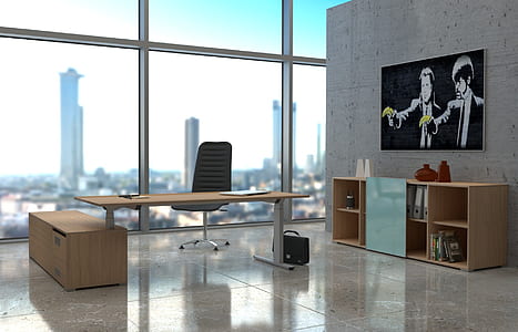 brown wooden desk beside cubby shelf thumbnail