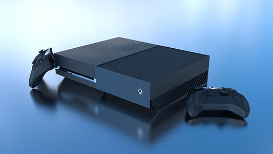 black Xbox One with two game controllers thumbnail
