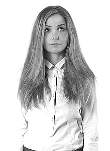 grayscale photo of woman in dress shirt thumbnail