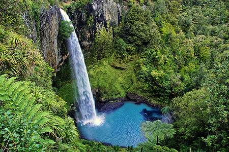 water fall in middle of jungle during daytime thumbnail