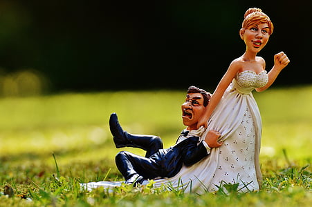 groom and bride figurine on green grass thumbnail