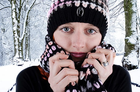 closeup photo of woman wearing black sweater and knit cap thumbnail