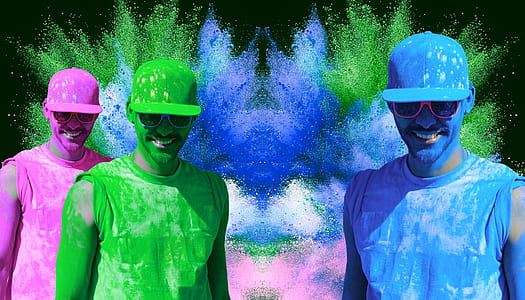three men with pink, green, and blue body paints thumbnail