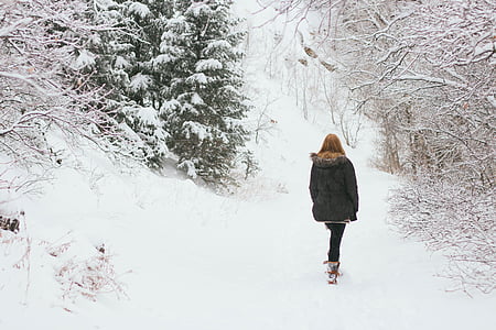 woman walking on forest covered by snow thumbnail