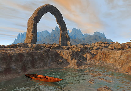 boat near cliff digital wallpaper thumbnail