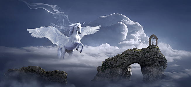 pegasus on cloud with man on hill illustration thumbnail