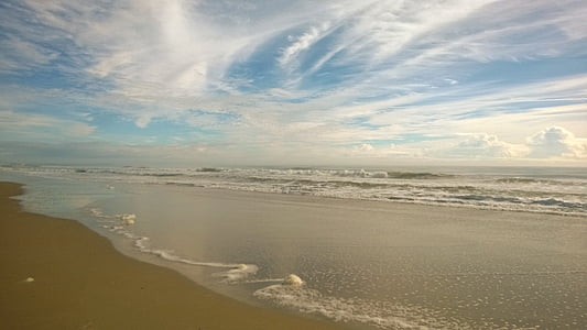 clear body of water beside brown sands thumbnail