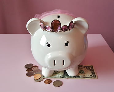 white ceramic piggy coin bank sitting on 1 US dollar banknote with coins thumbnail