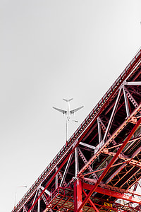 white airplane flying over red metal bridge thumbnail