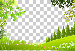 Nature Landscape, Cartoon trees plants green grass background material, green trees illustration PNG clipart