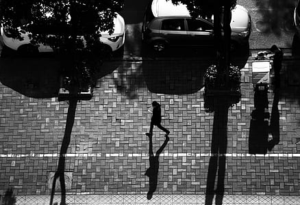 grayscale photography of person walking on sidewalk beside parked vehicles and trees thumbnail