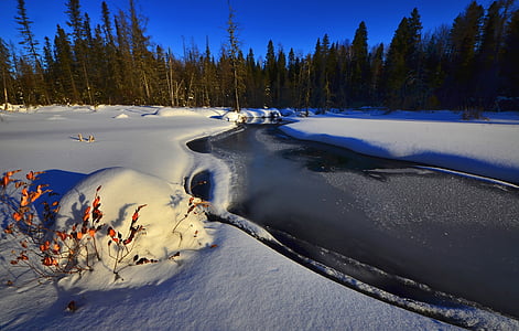 photo of body of water between field covered with snow thumbnail