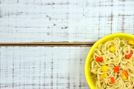 noodles served on yellow bowl thumbnail