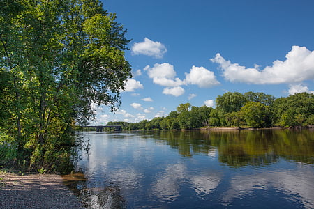 body of water between trees under cloudy sky at daytime thumbnail