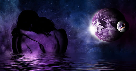body of water under purple planet with moon rotating wallpaper thumbnail