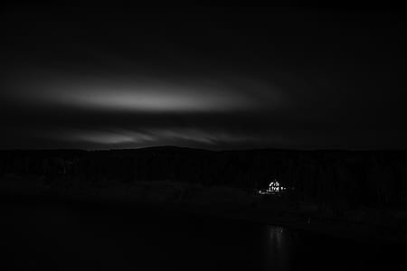 cottage, house, night sky, black and white thumbnail