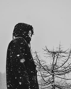 person wearing pullover hoodie standing in front of a bare tree covered in snow thumbnail