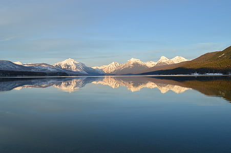 mountain covered with snow reflected on body of water under clear sky during daytime thumbnail