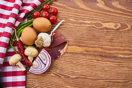 sliced vegetables, meat, spices, and poultry eggs thumbnail