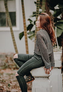 Woman Wearing Black and White Grid Chiffon Dress Shirt thumbnail