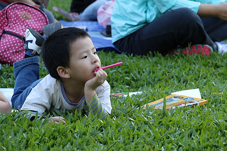 boy lying on green grass field while biting pink pen thumbnail