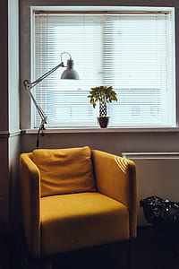 yellow sofa chair near window and desk lamp thumbnail