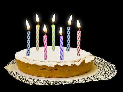 assorted-color candles on round white cake thumbnail