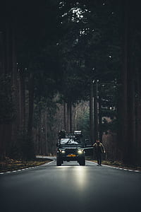 man walking beside Land Rover SUV on road in between tall trees thumbnail