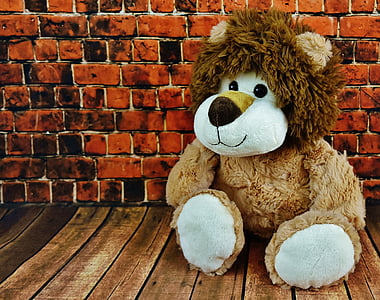 photo of brown lion plush toy sitting beside wall thumbnail