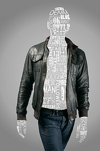 men's black leather full zip jacket with blue denim pants thumbnail