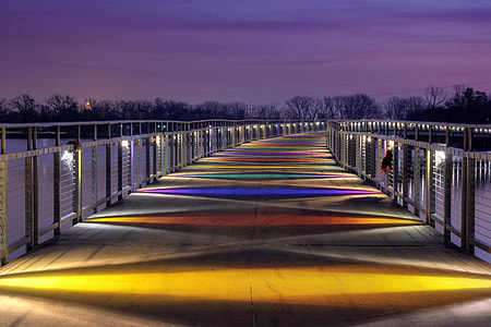 Lighted up Bridge across Grey's Lake in Des Moines, Iowa thumbnail