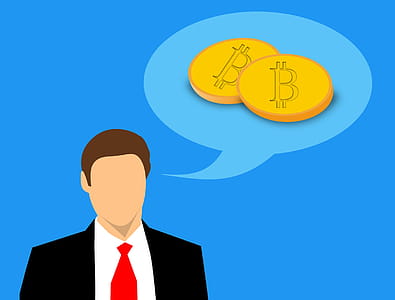 Illustration of businessman thinking and talking about bitcoin cryptocurrency. thumbnail