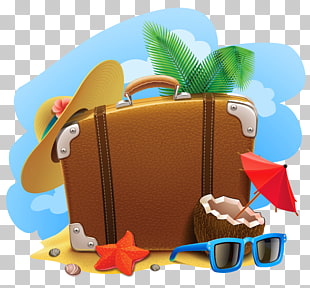 Travel Suitcase Summer vacation , Summer Decorative , brown bag, blue sunglasses, and yellow sun hat illustration PNG clipart