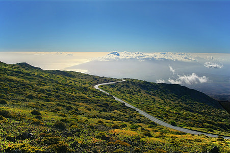 view of green grass and mountain and gray concrete road during daytime thumbnail