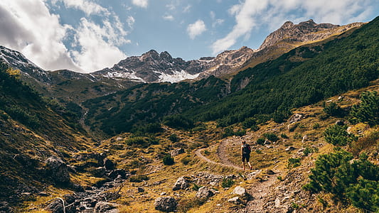 man walking on hills near trees and grassed under cloudy sky during daytime thumbnail
